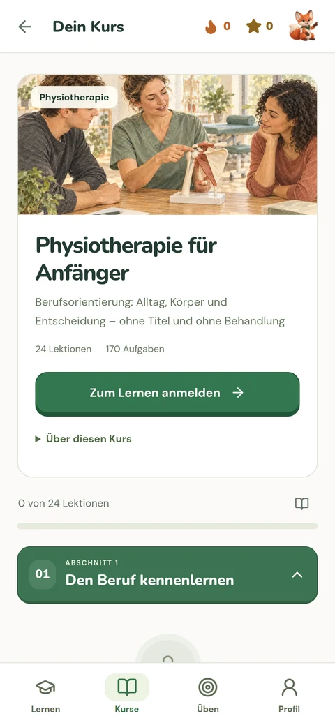Campus Learn auf dem Smartphone: Kursübersicht „Physiotherapie für Anfänger“ mit 24 Lektionen